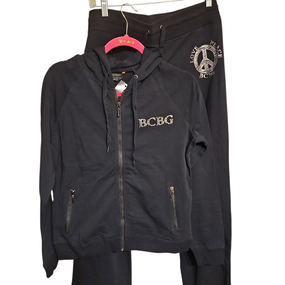 BCBGmaxazria Black Rhinestone Love Peace Tracksuit Set